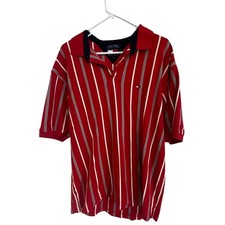 Y2K Tommy Hilfiger Red White Blue Striped Casual Short Sleeve Polo Shirt Size XL
