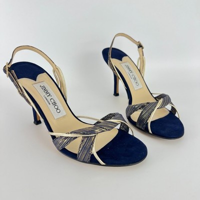 Jimmy Choo | Auth Remi Gold Blue Silk Suede Leather Sandal Slingback Heels (35)