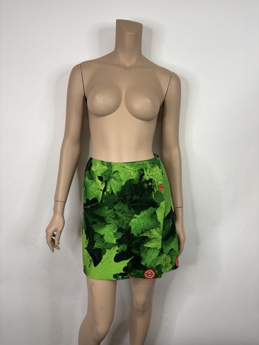 Moschino Couture, Vtg Moschino Couture 90s Green Leaf Print Mini Skirt IT 40