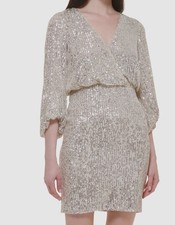 Eliza J Women's Silver Sequined Surplice V-Neck Blouson Dress Petite Size 4P