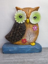 Rustic Owl Figurine Hand Painted Floral Decor Faux Wood Grain 5.5" Cement Statue