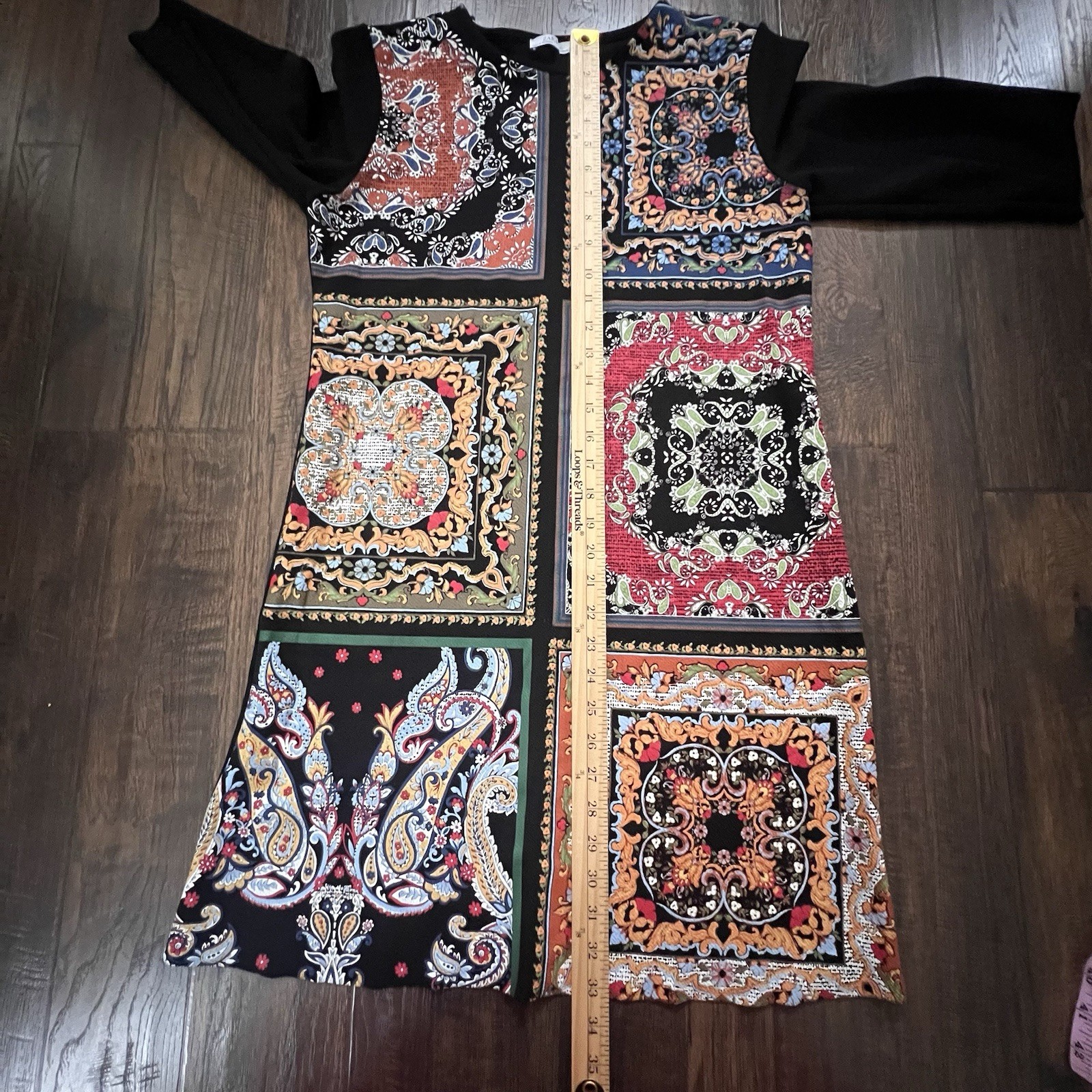 Zara Basic Patchwork Printed Black Midi Dress 3/4… - image 9