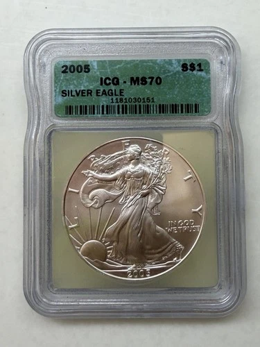 2005 American Silver Eagle $1 ICG MS70 Green Label 1 oz .999 Fine Silver Dollar.