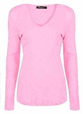 Ladies V-Neck Plain Long Sleeve T-Shirt Slim Fit Stretchy Casual Vest Top UK8-26