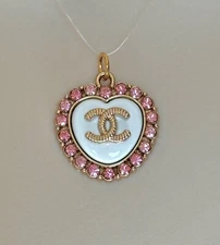 White & Gold Heart with Pink Rhinestones Zip Pull Button Charm Pendant Stamped