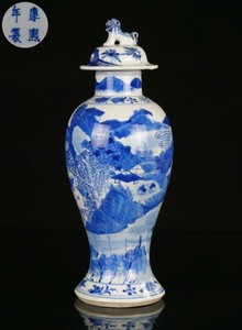 Large Antique Chinese Blue and White Porcelain Vase and Lid KANGXI Mark 19th C