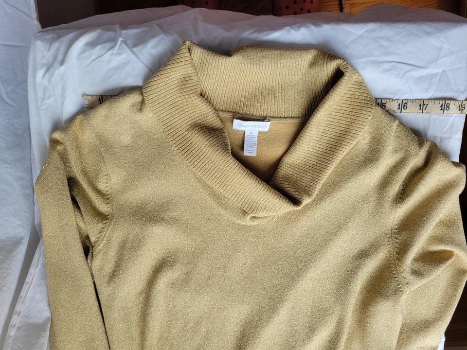Suéter Charter Club Mujer Talla XL Metálico Seda Dorado Brillante Pullover Capucha Cuello Foto 3 de 4