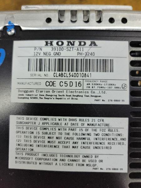 13-15 HONDA CR-Z RADIO: AM/FM/CD (BASE MODEL, US MARKET):39100-SZT
