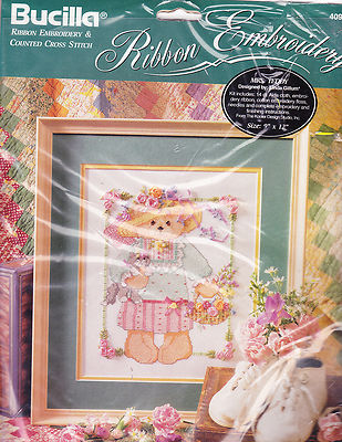 Counted Cross Stitch Kit:  Mrs Teddy Ribbon Embroidery 9 x 12