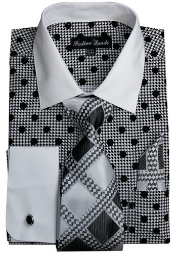 Men's Fashion Dress Shirt Polka Dot Design French Cuff Links Tie&Hanky FL632 - Picture 4 of 8