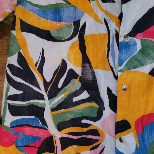 Men's ASOS Aloha Shirt Linen Blend Tiki Hawaii Geometric Print Pink Blue Medium - Picture 6 of 8