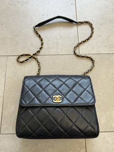 Vintage Authentic Chanel Classic Quilted Caviar Black Leather Flap Square Bag