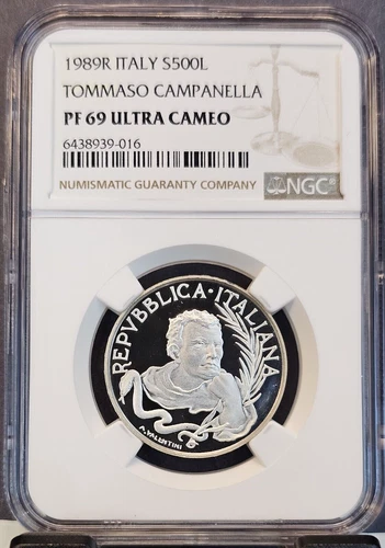 1989 ITALY SILVER 500 LIRE TOMMASO CAMPANELLA NGC PF 69 ULTRA CAMEO RARE TOP POP