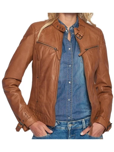 Women's Leather Jacket Moto Motorcycle Biker Lambskin Casual Collection Tan 44 - product listing photo