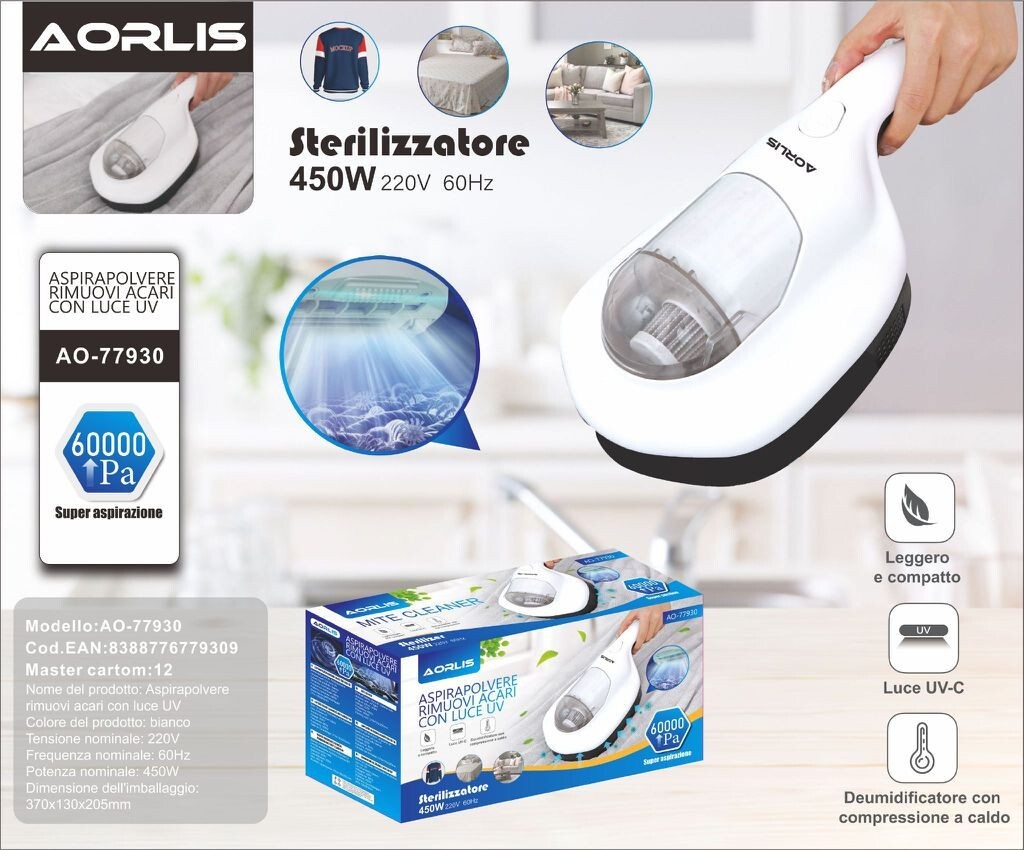 Aorlis AO-77930 Aspirapolvere Anti Acari UV 450W 60000Pa per Materassi