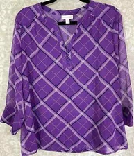 CHARTER CLUB Women’s Blouse Large Striped Purple Button Accents 3/4 Sleeves