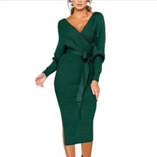 Cherfly Women's V Neck Sweater Dresses Batwing Long Sleeve Backless XL - NWT