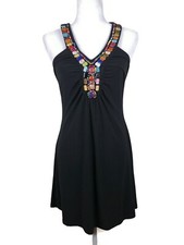 Wrapper Little Black Dress- Multicolor Beaded Neck Dress- Size Small- Mid-thigh