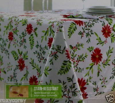 Food Network Holly & Pine Poinsettia Stain Resistant Microfiber 60x84 Tablecloth