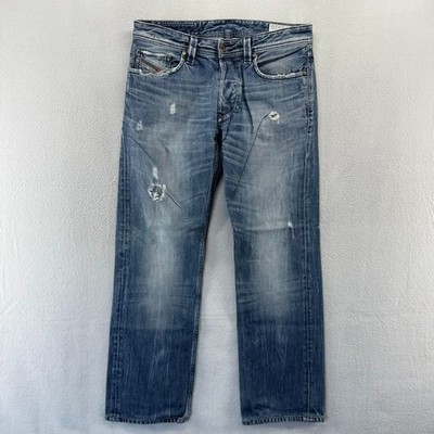 Diesel Jeans Mens 30 fits 32x29 Blue Distressed Faded Whisker Larkee Zip y2k