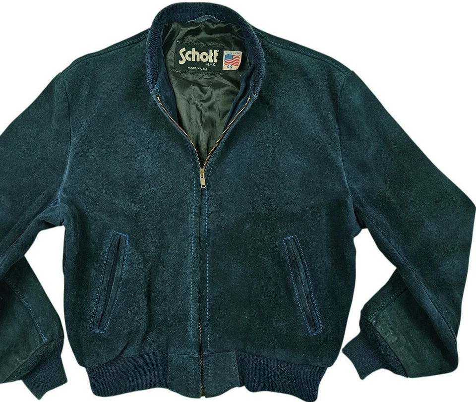 HOT VINTAGE 70's Men's SCHOTT BOMBER GENUINE SUEDE LEATHER NAVY BLUE Jacket 44 M - Image 2 of 4