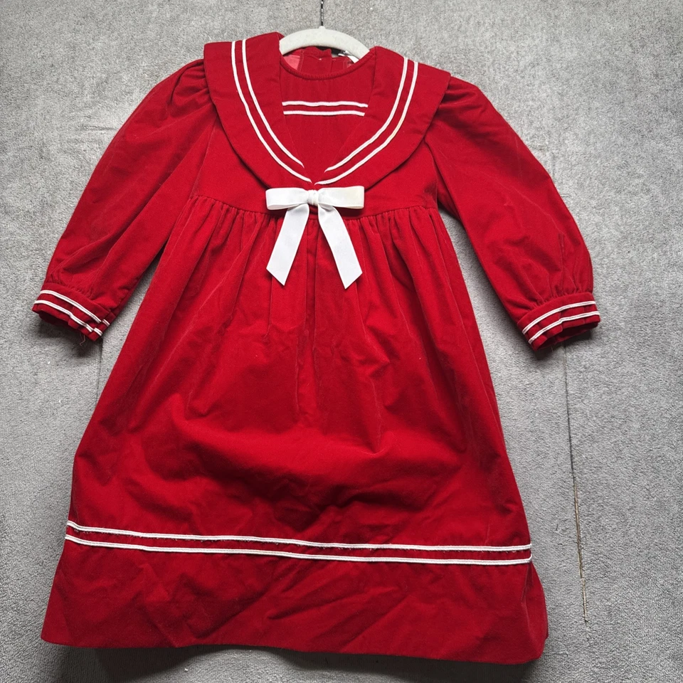 Vestido Marinero Rojo Años 90 Niñas 5-6 Terciopelo Vacaciones Borde Lazo Vintage Look Navidad Foto 2 de 4