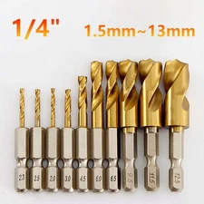 1/4" Hex Hexagon Shank Titanium Coated HSS Twist Drill Bit Set 1.5 - 13 mm Twist