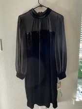 Melonie T Black VelvetSheer Stretch Long Sleeve Midi Fit Flare Dress Sz 12 NWT