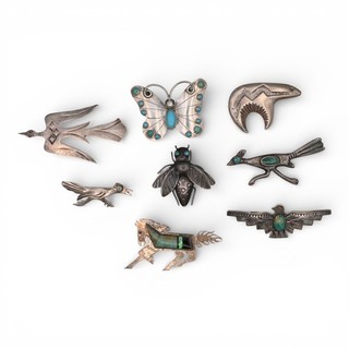 8 NATIVE AMERICAN SOUTHWESTERN YAZZIE TURQUOISE OPAL BROOCH LOT STERLING SILVER