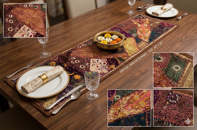Indian Patchwork Handmade Table Runner Embroidered Vintage Wall Hanging 60''