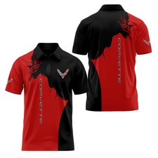 NEW Custom Name Corvette C8 Racing Black Red Logo 3D Polo Shirt Men's S-5XL