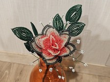  NEW Handmade french beaded Flower rose tri tone Watermelon, Clear, Dark Gray