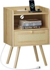 SUPERJARE Nightstand with Charging Station & Rattan-Like Decor Natural 