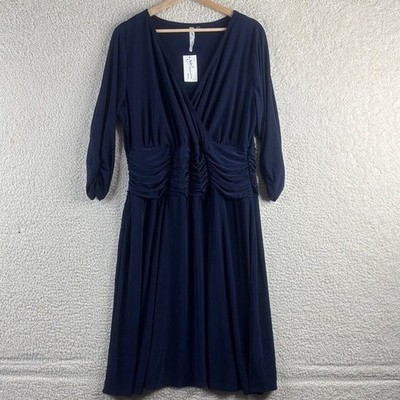 NWT NY Collection Womens Navy Stretch Ruched Surplice Neck A-Line Dress PLUS 1X