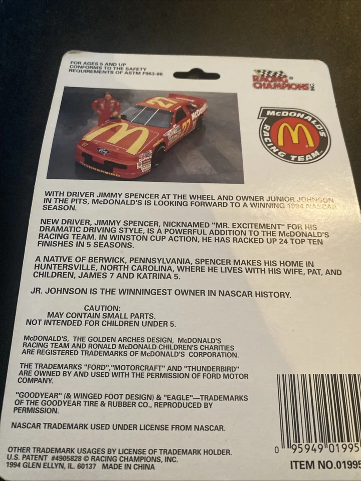 1994 Racing Champions #27 Jimmy Spencer McDonald's Ford NASCAR 1/64 NIP Diecast - Image 2 of 2