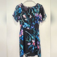 Yumi Kim Black Blue Purple Floral Midi Short Sleeve Dress Small NWT