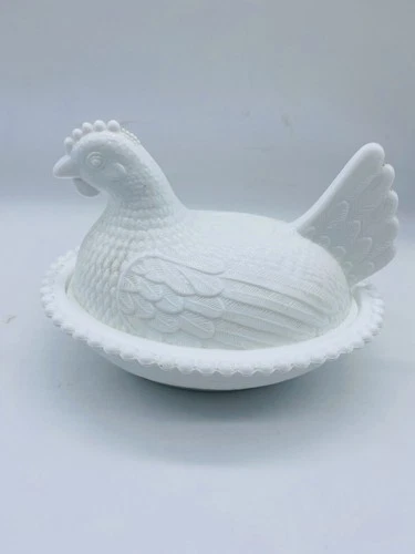 Vtg Indiana Glass Milk Glass HEN ON NEST Covered Candy Dish, 7", 1960-70's