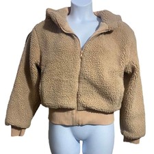 Fabletics Camel Tan Slightly Cropped Hooded Sherpa Jacket Pockets Womens Large
