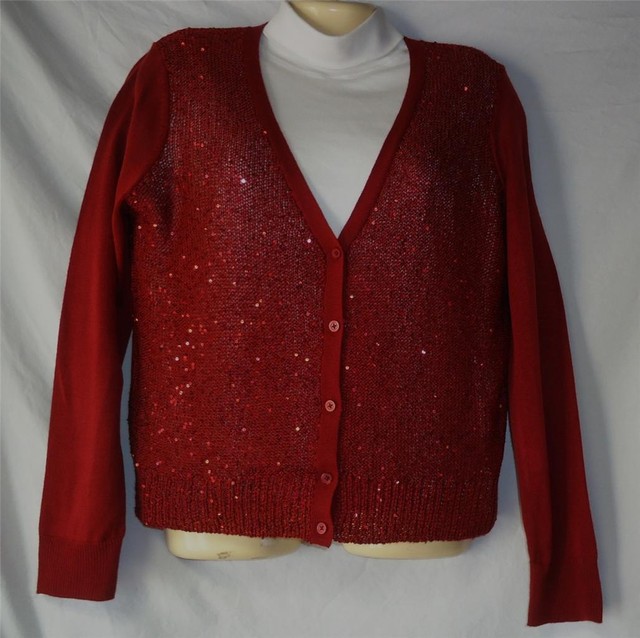red sequin cardigan
