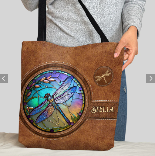 Personalized Dragonfly Tote Bag, Stained Glass Dragonfly Handbag