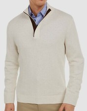  65 Tasso Elba Men's Beige Cotton 1/4 Zip Pullover Sweater Top Sweatshirt Size S