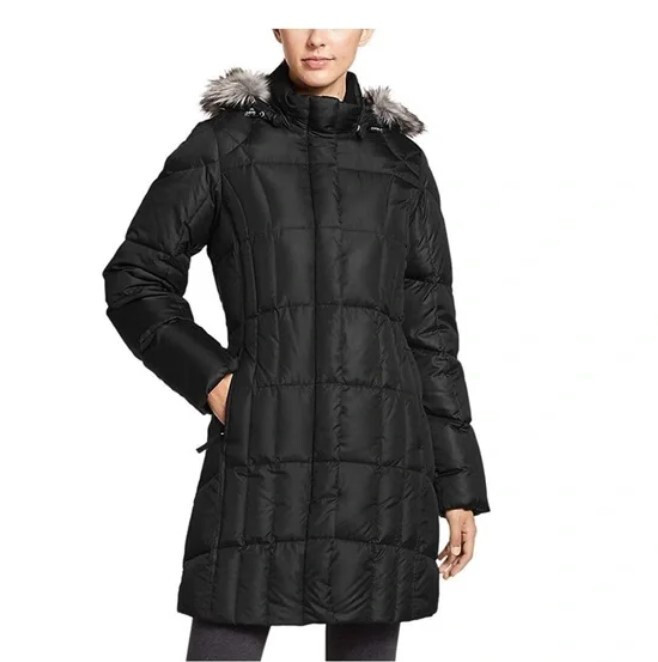 EUC WOMENS SMALL/S EDDIE BAUER BLACK LODGE LONG HOODED 650 DOWN