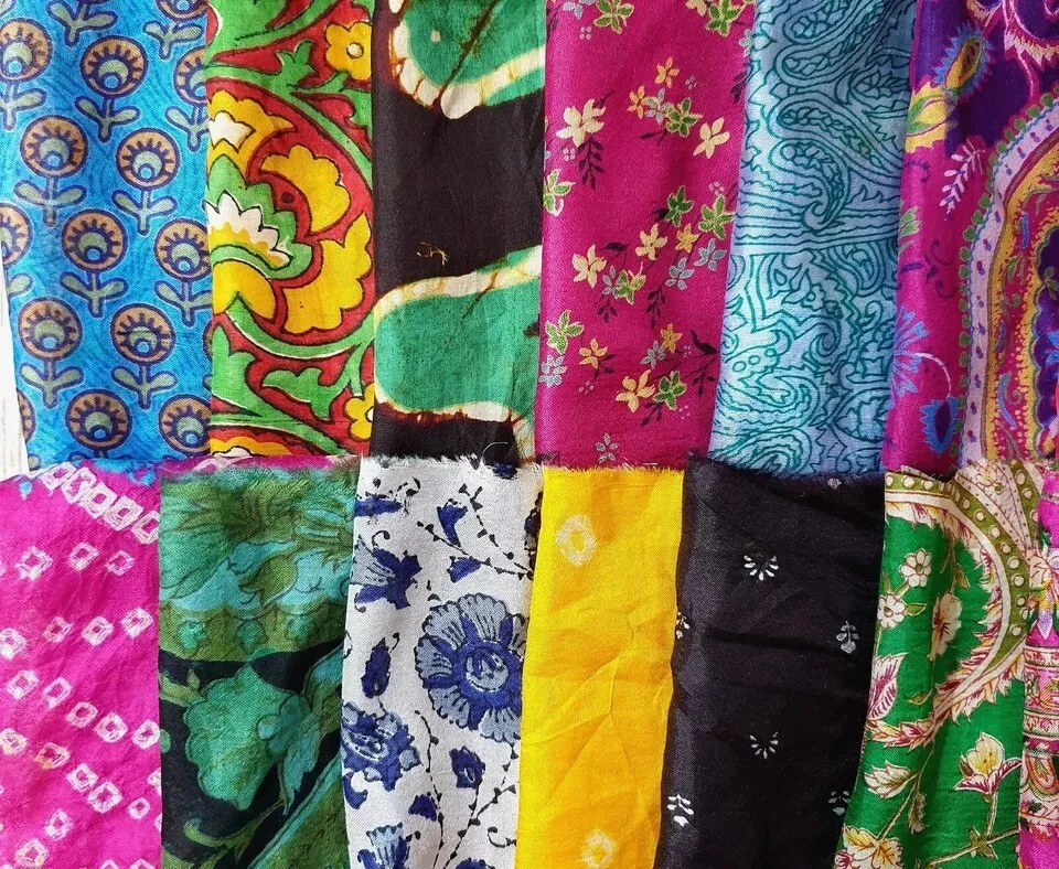 ABB Vintage 30 Pcs Recycled Silk Sari Remnants 8"X8" Fabric Scraps Mixed image 7
