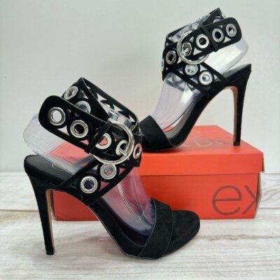 NEW exe Sylvia Black Genuine Suede Stiletto Heel Strappy Sandals with Grommets