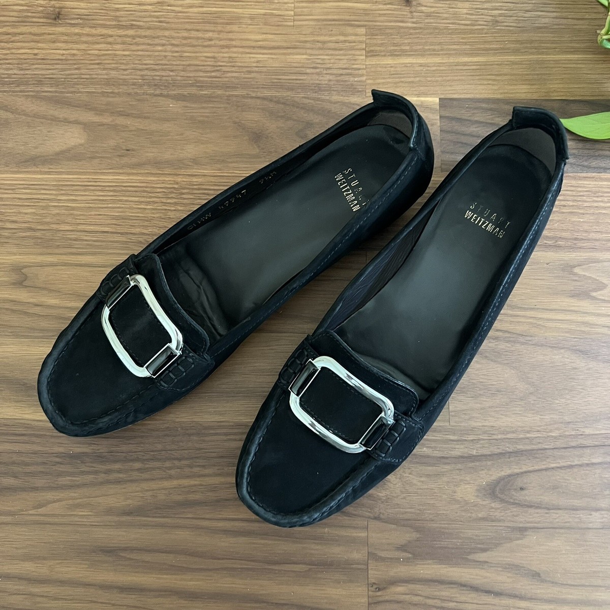 Stuart Weitzman Black Suede Silver Buckle Loafer Flats size