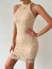 Beige Contrast Guipure Lace Halter Neck Dress Sz XS S M L