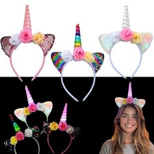 Light Up Unicorn Headband 4PCS with Blink Ears, Flowers Magical Color LED Horn