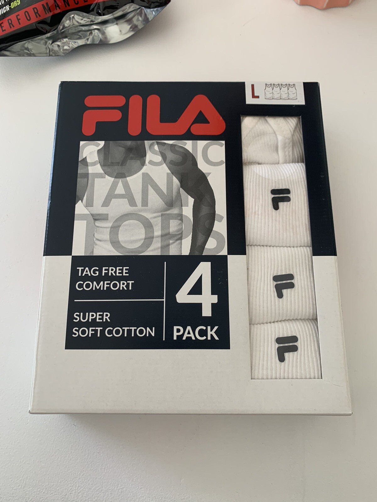 Fila ~ Confezione 4 Canotte Uomo Canotte Sottomagliette Cotone Bianco Senza Etichetta ~ L
