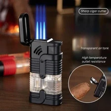 Windproof Three Flame Butane Lighter Outdoor Camping Igniter with Cigar Knife