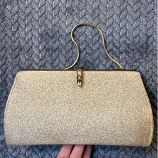 Vintage Gold Metallic Evening Clutch Bag Rhinestone Buckle Snake Chain Strap